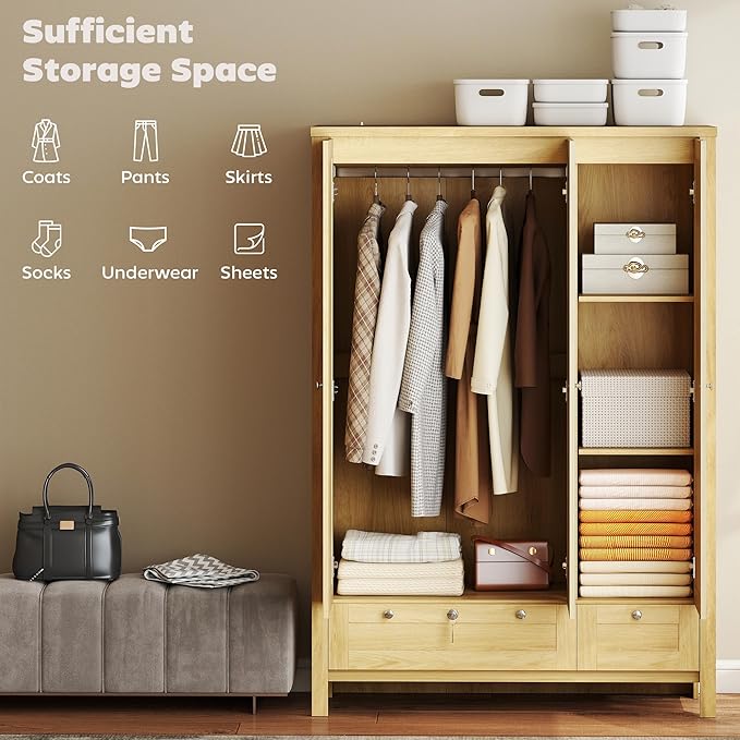 HOMCOM 3 Door Armoire Wardrobe Closet with 2 Drawers, 69" Clothing Storage Cabinet with Lockable Large Drawer, Hanging Rod and Storage Shelves for Bedroom, Wardrobe Cabinet, Natural