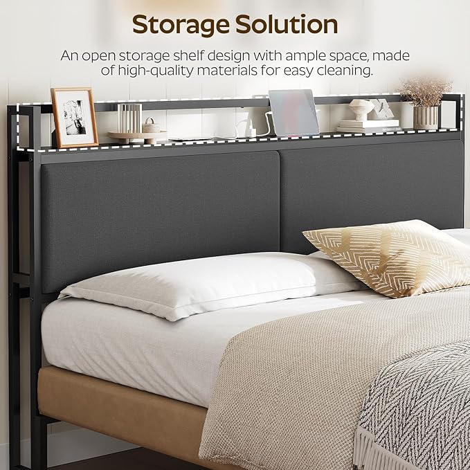 YATINEY King Size Headboard with Storage Shelves, Upholstered Headboard with Charging Station, Height Adjustable, Sturdy and Stable, Vintage Style, Black