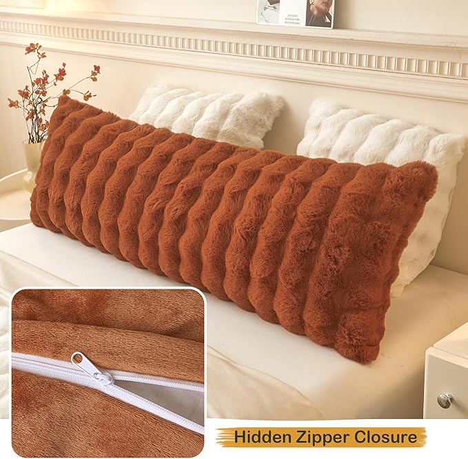 LIFEREVO Fluffy Faux Rabbit Fur Body Pillow Cover, Cozy Bubble Shaggy Plush Bed Body Pillowcase with Zipper Closure, Long 20"x54" Fuzzy Furry Pillow Case for Bedroom Home Decoration, Burnt Orange