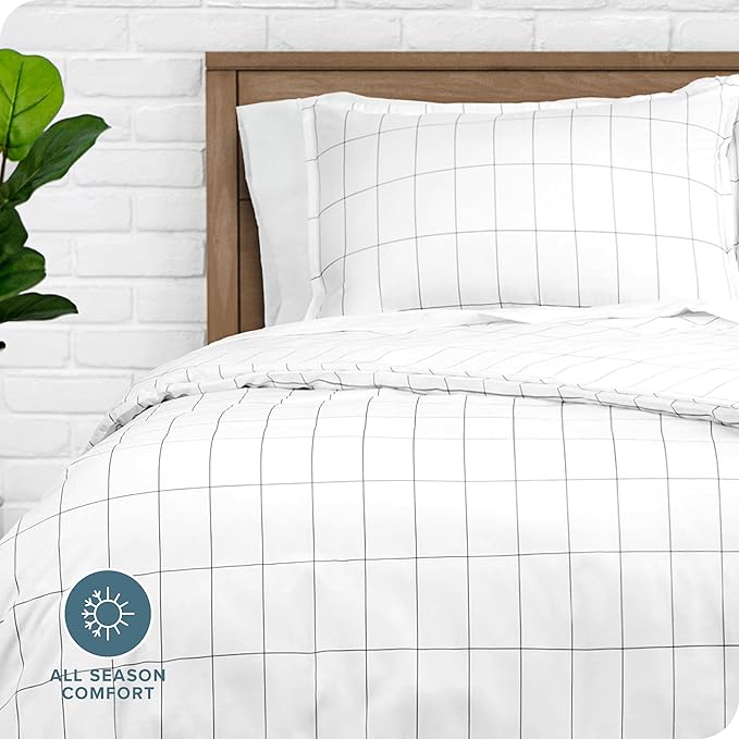 Bare Home Bedding Duvet Cover Extra Long - Premium 1800 Super Soft Collection - Lightweight, Duvet Cover - Soft Textured (Twin/Twin XL, Grid - White/Grey)