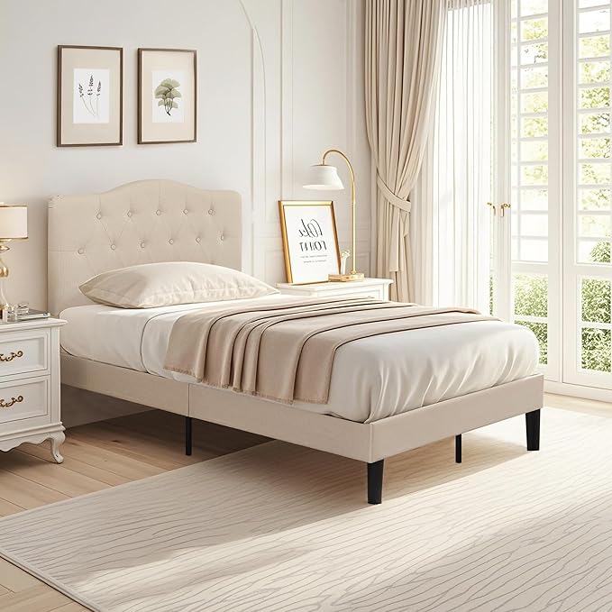 VECELO Twin Size Bed Frame Upholstered Platform with Tufted Adjustable Headboard/Mattress Foundation with Wood Slat Support, Easy Assembly,Beige
