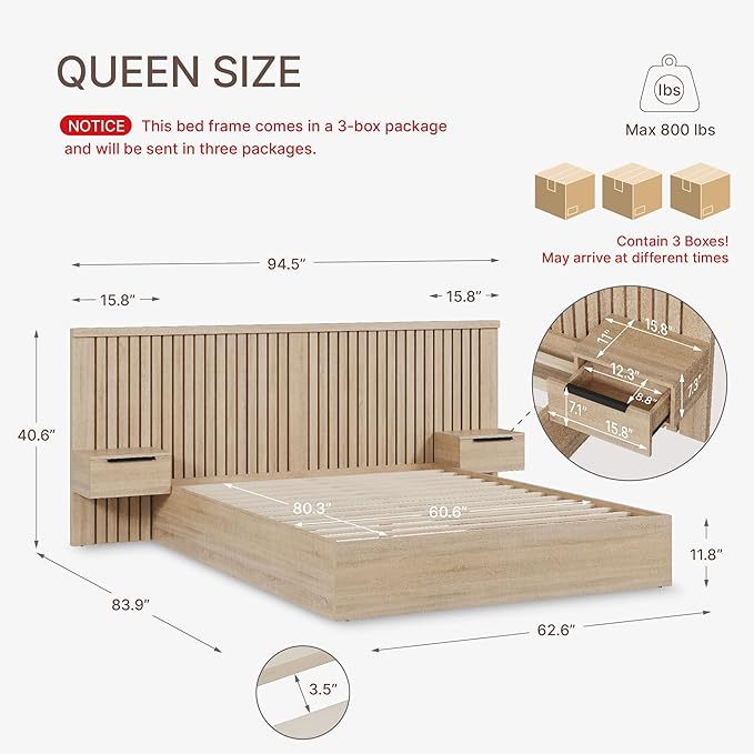 KISLOT Queen Size Wood Bed Frame with Built-in Nightstands, Modern Fluted Headboard & Storage Drawers, Solid Wood Slat Support, No Box Spring Needed, Noise-Free, Easy Assembly