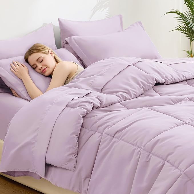 Love's cabin Full Comforter Set Light Purple, 7 Pieces Full Bed in a Bag, All Season Bedding Sets with 1 Comforter, 1 Flat Sheet, 1 Fitted Sheet, 2 Pillowcase and 2 Pillow Sham | Soft, Breathable, Lightweight, Comfortable