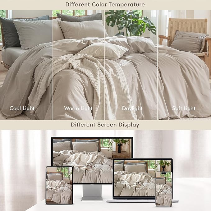 MooMee Bedding Duvet Cover Set 100% Washed Cotton Linen Like Textured Breathable Durable Soft Comfy (Solid Light Tan, Super King 108"x98")