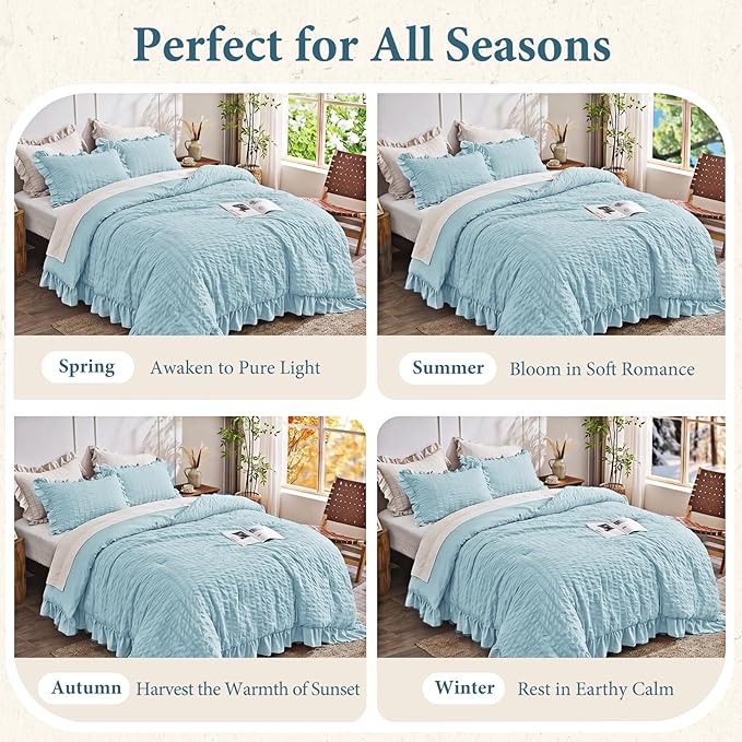 JOLLYVOGUE Blue Comforter Full Size, 3 Pieces Seersucker Lightweight Full Size Bedding, All Season Fluffy Microfiber Bedding Comforter Set with 1 Ruffle Comforter and 2 Ruffle Pillowshams