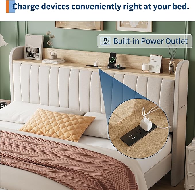 Garvee Upholstered Bed Frame King Size with Storage Headboard and Charging Station, Platform Bed Frame with Drawers, Heavy Duty, No Box Spring Needed, Easy Assembly, Beige