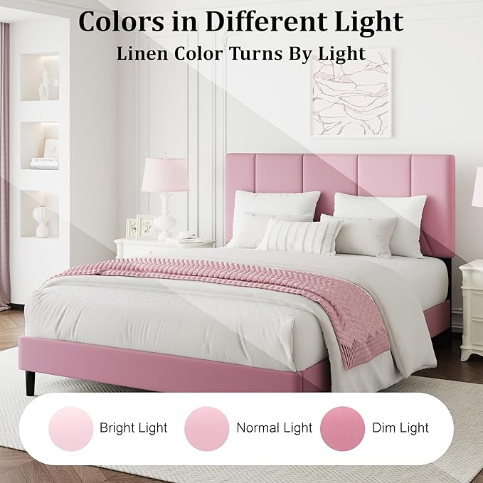 Full Bed Frame, Padded Platform Bed Frame with Velvet Headboard, Vertical Quilted Design, Sturdy Slatted Mattress Base, No Spring Mattress Required, Easy to Assemble, Pink