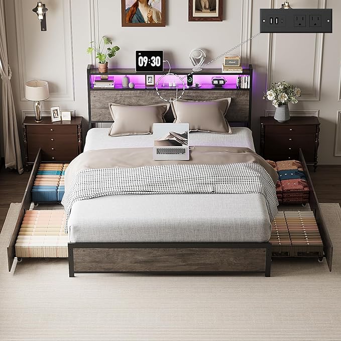 VINGLI King Bed Frame with 4 Storage Drawers and Adjustable Headboard Shelf, Metal Platform Captain Bed with Charging Station and RGB LED Lights, No Box Spring Needed, Noise Free, Wash Grey