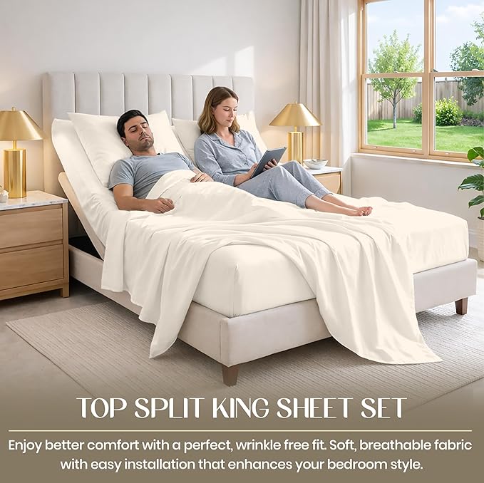 SGI bedding 34" King Split Top Flex Head Sheet 100% Egyptian Cotton Sheet Set 1000 Thread Count Flex Top Sheet for Adjustable Bed 4Pc Sheet Set 15" Deep Pocket for Sleep Number Bed - Butter