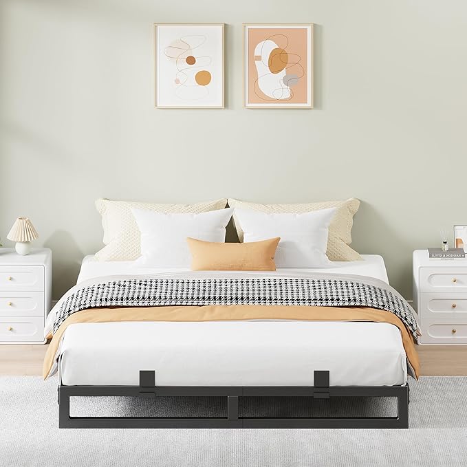 Full Size Bed Frame, 6 Inch Metal Platform Bed Frames with Squeak Free U-Slot Design, 6 Non-Slip Guards, 3500lbs Heavy Duty Steel Slat Support, No Box Spring Needed, Under Bed Storage, Black
