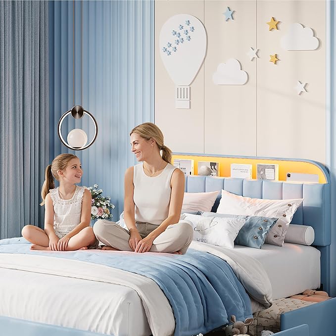 Garvee Twin Size Bed Frame with 2 Flexible Drawers, Velvet Upholstered Platform Bed Frame with Bookcase Headboard and LED Lights, Kids Bed for Boys, Easy Assembly, Noise Free, Blue