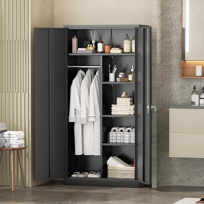 INTERGREAT Metal Wardrobe Cabinets with Lock, 72" Clothing Storage Cabinets with Hanging Rod and 4 Adjustable Shelves, Armoire Wardrobe for Office, School, Employee, Government (Black)