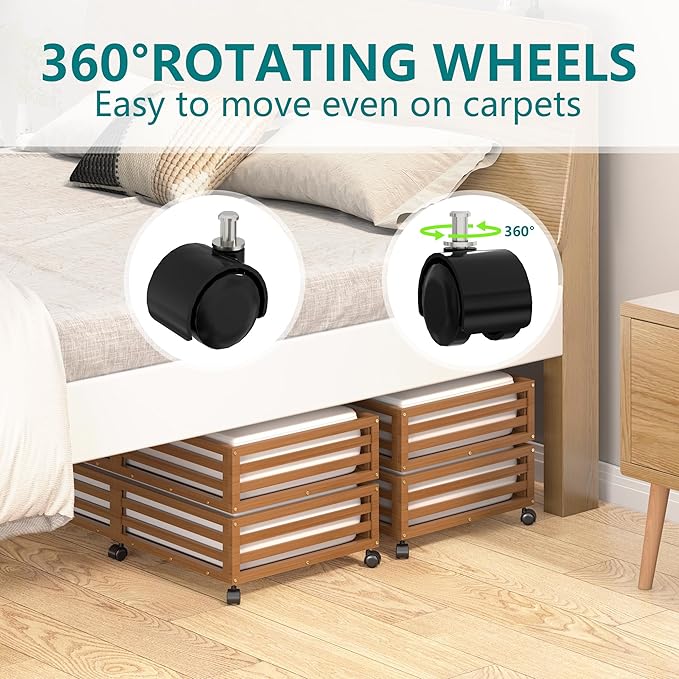 Wisuce Bamboo Under Bed Storage Containers- Underbed Organizer with Wheels with Dust Bag,Sturdy Wood Rolling Under the Bed Shoe Storage Organizer Drawers (Brwon, 2 Pack (33.07"×16.54"))