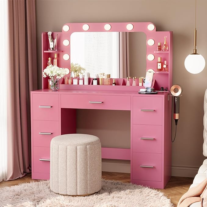 Furmax Vanity Desk with Hollywood Style Mirror with LED Lights, Makeup Table Vanity with 2 AC Outlets and1 USB＆1 Type-C Port, Adjustable Lighting, Modern Ample Storage Drawers Dressing Table (Pink)