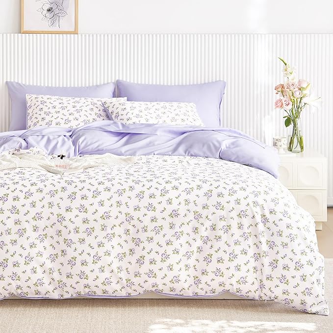Wake In Cloud - Coquette Duvet Cover Set, Floral Cottagecore Flower Shabby Chic Cute Aesthetic, Soft Lightweight Bedding for Women Teen Girls, 3-Piece, White Purple, Queen Size
