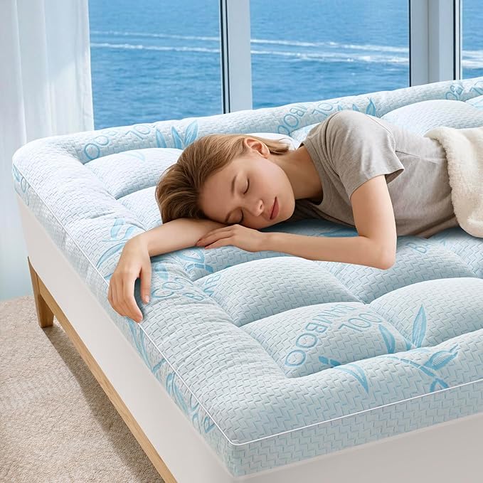 Twin Mattress Topper Viscose Derived from Bamboo,Breathable and Soft Extra Thick Pillow Top Mattress Pad Cover for Back Pain, Deep Pocket Fits 7–21 Inch Mattress (39"x75",Blue)