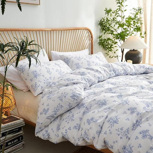 Nayoroom Blue Floral Duvet Cover Queen Size Cottagecore Flower Leaf Spring Comforter Cover 3 Pcs Soft Breathable Microfiber Pastoral Aesthetic Bedding Set with Zipper Closure
