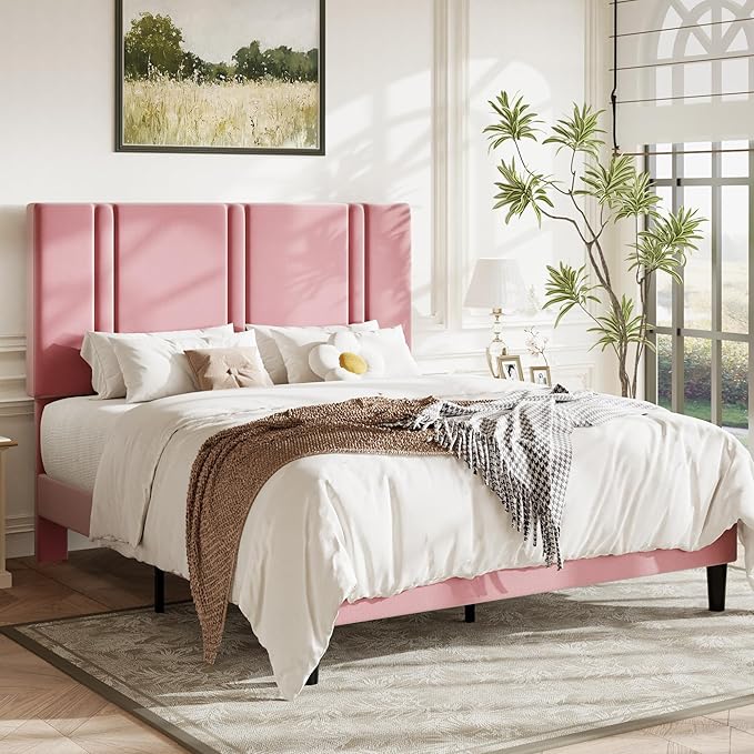 Allewie Full Size Platform Bed Frame with Adjustable Headboard, Plush Velvet Upholstered, Vertical Channel Tufted, Sturdy Wooden Slats, No Box Spring Needed, Easy Assembly, Pink