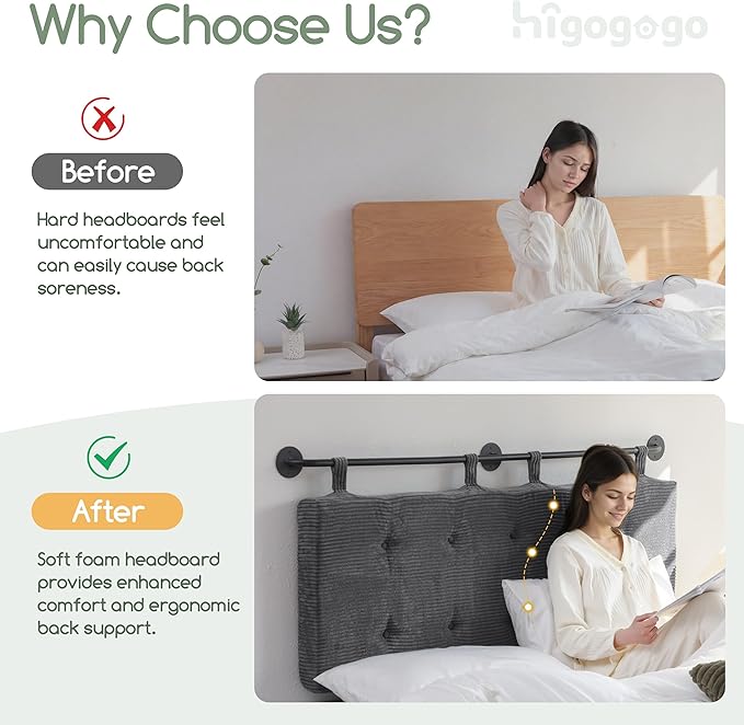 HIGOGOGO Wall Mounted Headboards for King Size Bed, Hanging Head Board Wall with Button Tufting, Adjustable Height Headboard for Bedroom,Darkgrey