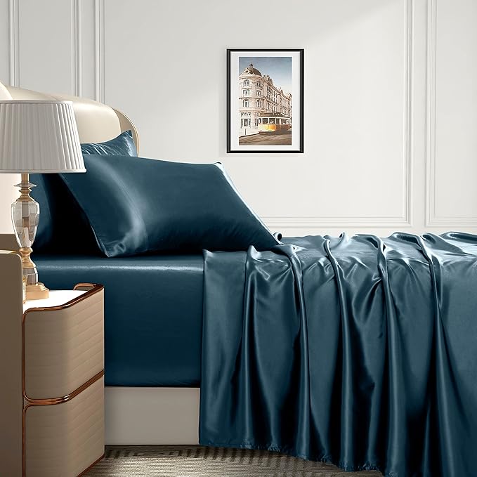 Homiest 4pcs Extra Deep Pocket Satin Sheets Queen Size Bed Set, 18-24 Inch Deep Pocket Bed Sheets Deep Sea Blue Satin Sheet Set, Silky Satin Bedding Set Soft Fitted Sheet Set Fits Ultra Deep Mattress