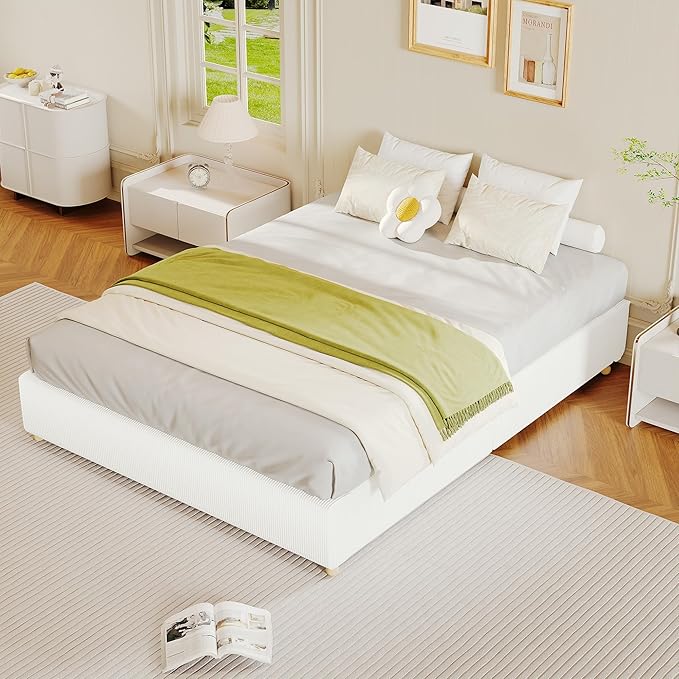 GarveeHome Full Size Cloud Bed Frame，Corduroy Low Bed Frame Without Headboard, Thick Fabric Upholstered Platform Bed, Solid Wood Legs, No Box Spring Needed, Never Squeak, Easy Assembly, White