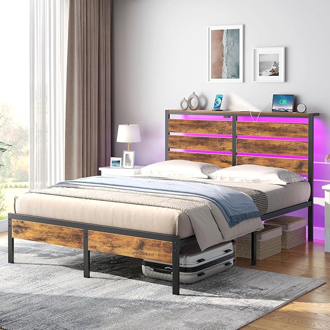 Rolanstar Bed Frame Full Size with USB Charging Station, LED Bed Frame with Wood Storage Headboard, Rustic Brown Metal Platform Bed with Under Bed Storage, No Box Spring Needed, Noise Free