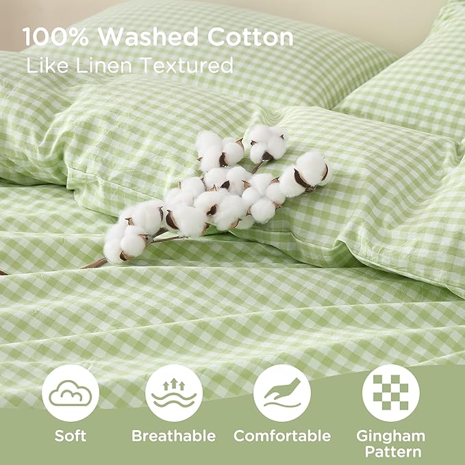 TOCOMOA Plie Green Gingham Duvet Cover Bedding Set 100% Washed Cotton Like Linen Feel Super Soft Comfy 3 Piece Vintage Plaid Checkered Comforter Cover Set (King 104"x90", Comforter Not Included)
