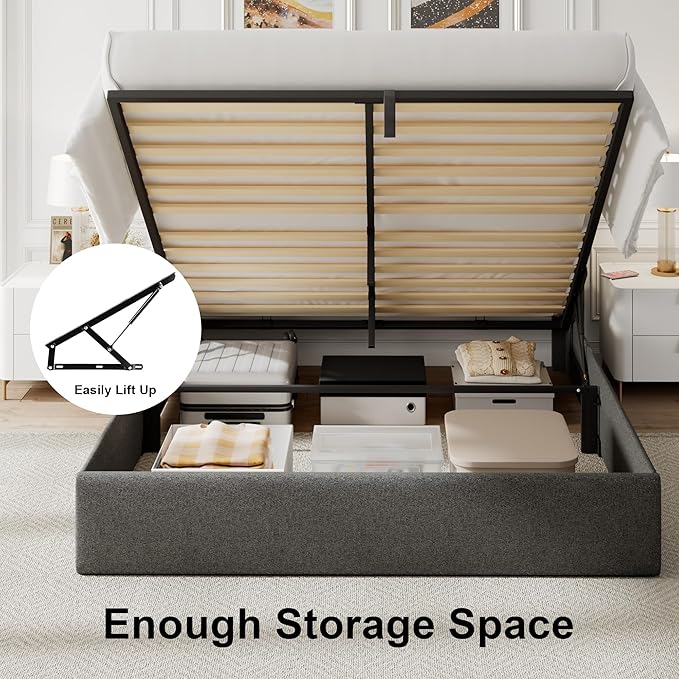 Feonase Full Size Bed Frame with Storage & Charging Station - Hydraulic Lift Up Platform Bed, Upholstered Button Tufted Headboard, Sturdy Wooden Slats, Noise-Free, No Box Spring Needed, Dark Gray