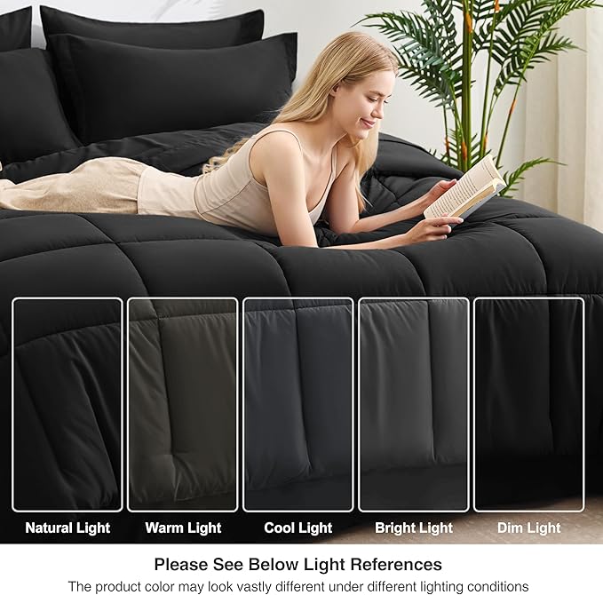 Love's cabin Full Comforter Set Ash Black, 7 Pieces Full Bed in a Bag, All Season Bedding Sets with 1 Comforter, 1 Flat Sheet, 1 Fitted Sheet, 2 Pillowcase and 2 Pillow Sham | Soft, Breathable, Lightweight, Comfortable