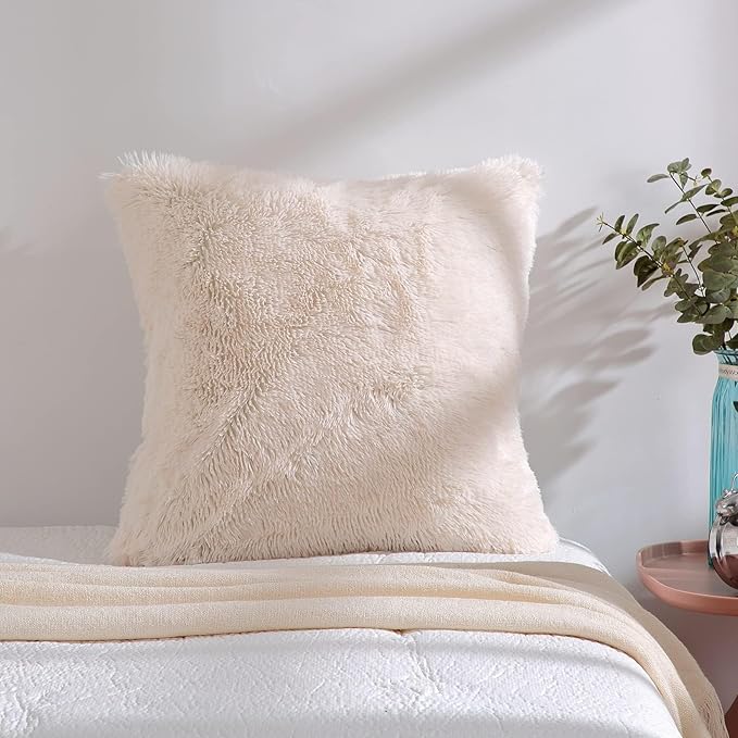 Reafort Luxury PV Fur Euro Sham Pillow Cover 26x26, Long Hair Faux Fur Plush Cushion Case with Hidden Zipper, Ultra Soft Decorative Pillow Cover for Bed Couch Sofa (Cream, Euro Sham)