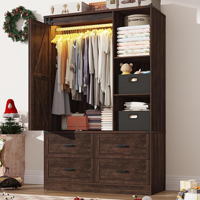 Farmhouse 3 Doors Armoire Wardrobe Closet w/Folding Sliding Barn Door and Lights, LED Armoire Closet w/Drawers for Bedroom, Freestanding Wooden Wardrobe Storage Closets w/Hanging Rod,Rustic Brown