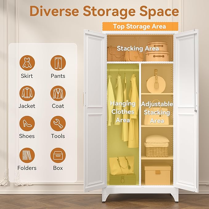 Polup Metal Armoire Wardrobe Closet with Doors, 71" Tall Wardrobe Cabinet with Lock, Hanging Rod and 3 Adjustable Shelves, Steel Clothing Storage Cabinet for Bedroom, Home Office, Employee, Gym, White
