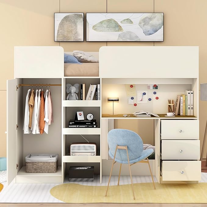 Harper & Bright Designs Full Size Loft Bed with Desk, Wood Full Loft Bed Frame with Built-in Wardrobe, Storage Shelves and Drawers, Beige