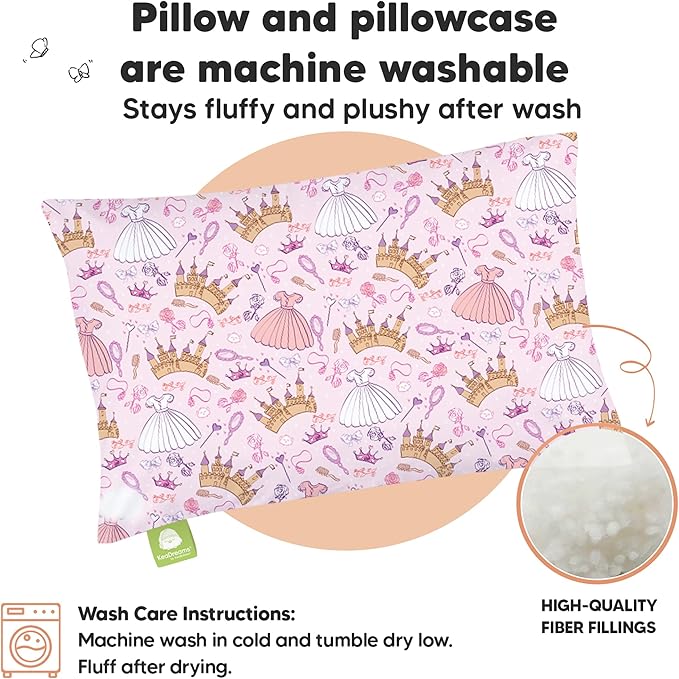 Toddler Pillow with Pillowcase - 13x18 My Little Dreamy Kids Travel Bed Pillows for Sleeping, Organic Cotton Small Pillowcase, Soft & Breathable, Machine Washable,Toddlers 2-5 years old(Dear Princess)
