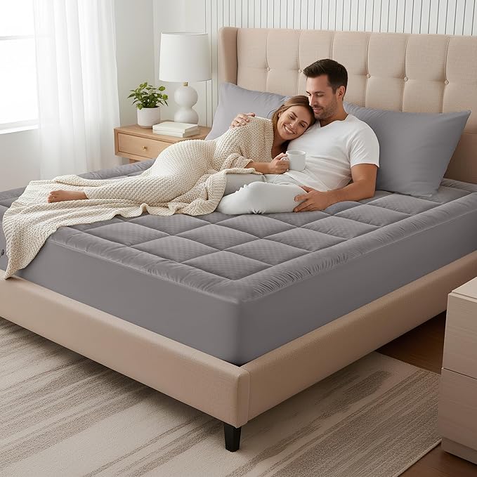 OLANLY Cal King Quilted Fitted Mattress Pad, Cooling Soft Mattress Topper, Elastic Fitted Mattress Cover Stretches up to 21 Inches Deep, Machine Washable Mattress Protector (72x84 inch, Light Grey)