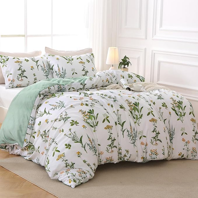 MUXHOMO Duvet Cover Queen Size, Reversible Floral Green Flower Duvet Cover Set with Zipper Closure, 3 Pieces Botanical Patterns Soft Microfiber Bedding Set with 4 Ties (90"x90", 2 Pillow Cases)