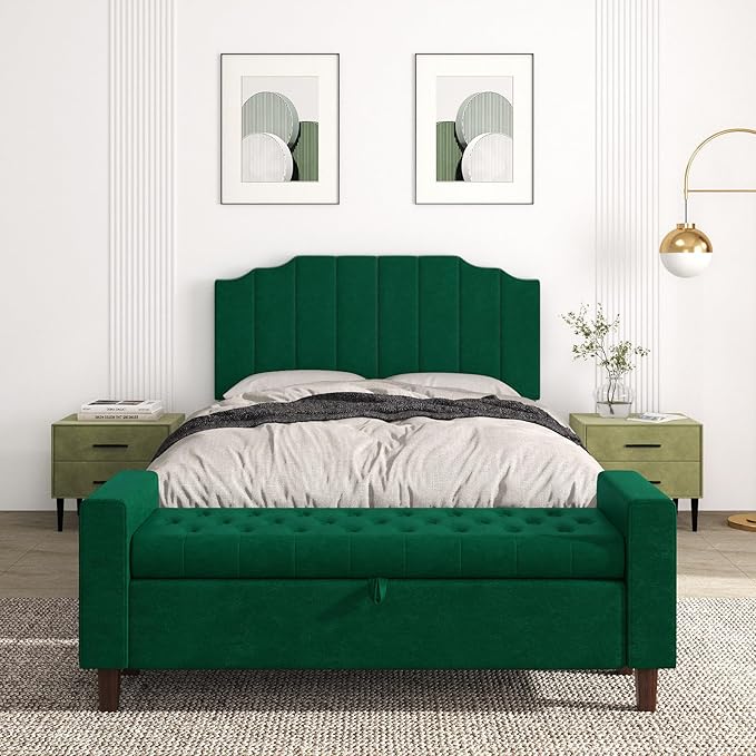 Befurtori Queen Size Headboard Only, Velvet Wall Mounted Headboard Queen/Full Size for Adjustable Bed, Modern Vertical Channel Design with Curved Tufted Upholstered Head Board, Jade Green
