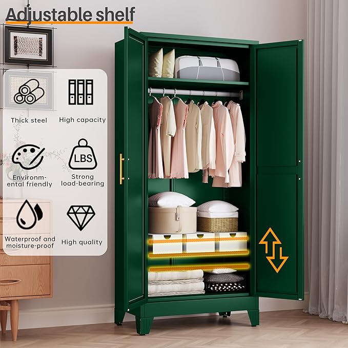RIETERN Metal Armoire Wardrobe Closet, 71" Tall Bedroom Closet with Mirror, Adjustable Shelves, and Hanging Rod, Steel Clothes Closets and Storage, for Bedroom Green