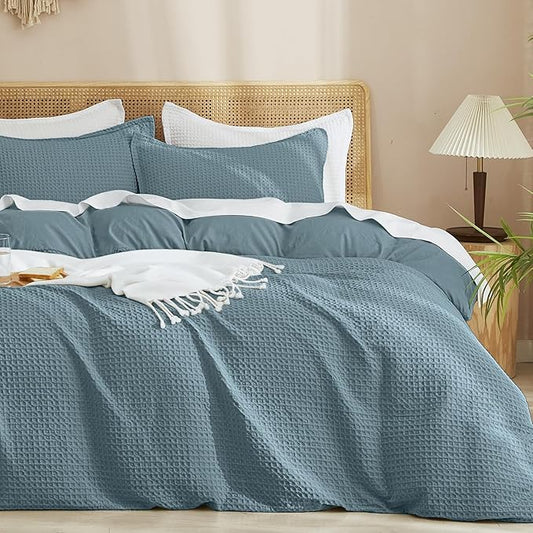PHF Waffle Duvet Cover Set Queen Size, No Snagging Ultra Soft Luxury Textured Breathable Comforter Cover for All Season 3pcs, Durable Bedding Duvet Set with 2 Pillow Shams, 90"x90", Stormy Blue