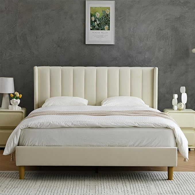 YUHUASHI upholstered Platform Bed Frame/Queen Bed Frame/Modern Geometric Double-Wing Design headboard/Velvet Fabric/Easy to Assemble no Noise (Cream, Queen (U.S. Standard))