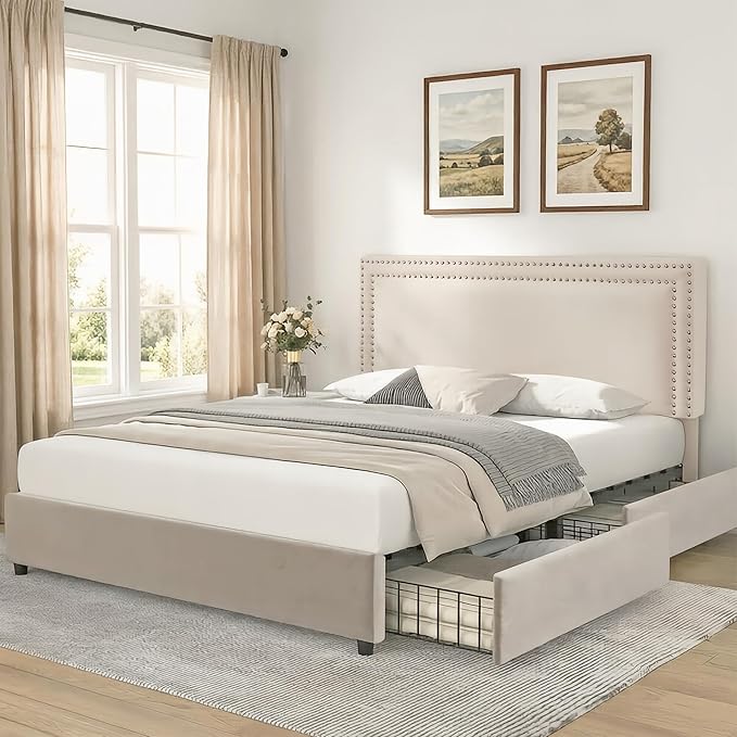 VECELO Queen Size Upholstered Bed Frame with 4 Storage Drawers, Adjustable Velvet Rivet Decor Headboard, Wooden Slats Platform Support, No Box Spring Needed, Easy Assembly,Beige