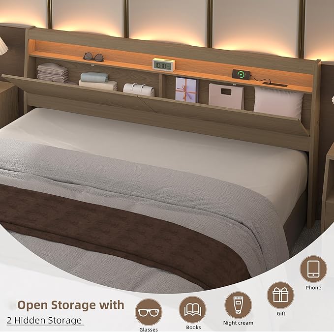 Wooden Headboard Only with Storage, Skirting Groove for Enhanced Stability, Built-in Power Outlet, 2 USB Ports & LED Light - Solid Wood Leg Sturdy Stable Bed Backboard (Oak, King)