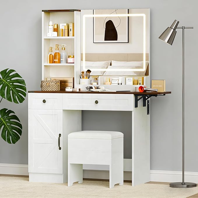 KAMABOKO Vanity Desk with Mirror, LED Lights and Power Outlet, Makeup Vanity Table with Cabinet and 2 Drawers, Dressing Table with Stools for Bedroom (Brown)
