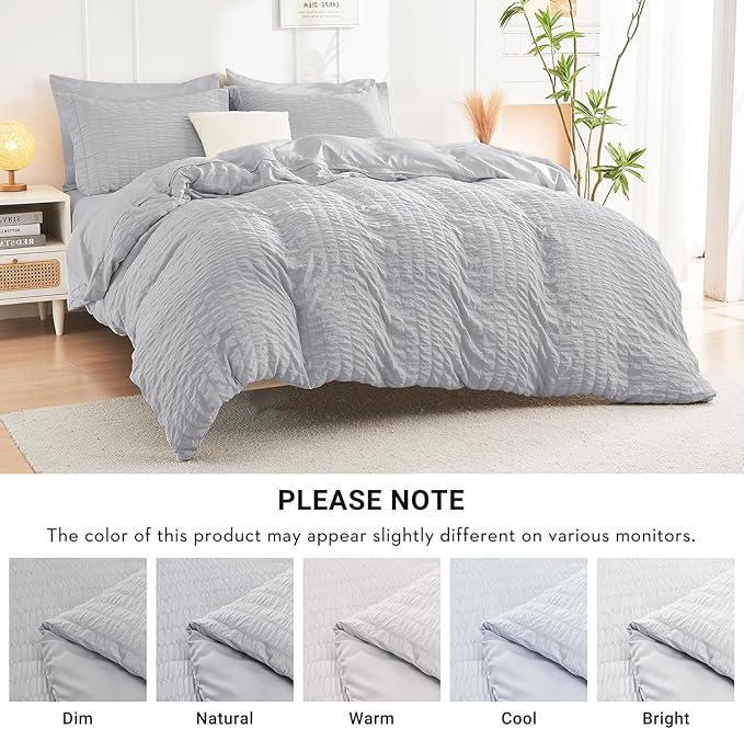 HYMOKEGE Light Grey Oversized King Comforter Set Seersucker 7 Pieces, All Season Luxury Bed in a Bag for Bedroom, Bedding Set with Comforter, Sheets, Pillowcases & Shams