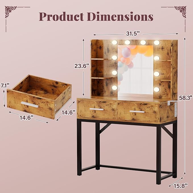Furmax Vanity Desk with Mirror and LED Light Bulb, Small Makeup Vanity Table with Drawers, Dressing Table with Power Outlet and Hair Drayer Holder for Bedroom (Rustic Brown & Black)