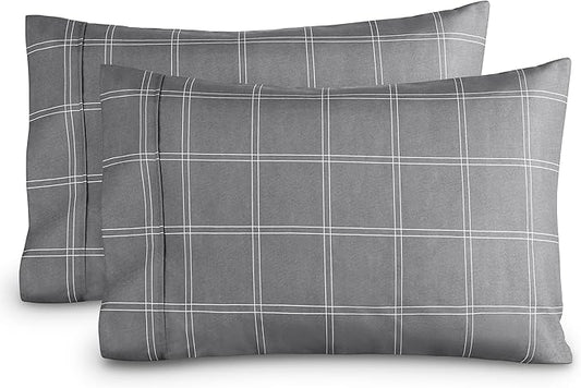 Bare Home Microfiber Pillow Cases - Standard/Queen Size Set of 2 - Cooling Pillowcases - Double Brushed - Pillowcases 2 Pack - Easy Care (Standard, Modern Plaid - Grey/White)
