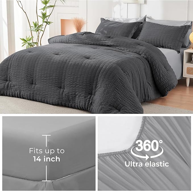 HYMOKEGE Dark Grey/Light Grey Twin XL Comforter Set Seersucker 5 Pieces, All Season Luxury Bed in a Bag for Bedroom, Bedding Set with Comforter, Sheets, Pillowcase & Sham
