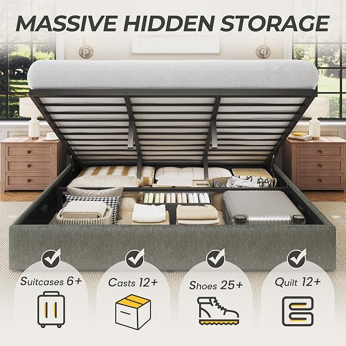 HISOFT King Size Lift Up Storage Bed Frame, Linen Upholstered Platform Bed with Wingback Headboard, Heavy Duty Hydraulic Gas Lift Underbed Space, Reinforced Full Metal Slats, Noise Free, Grey