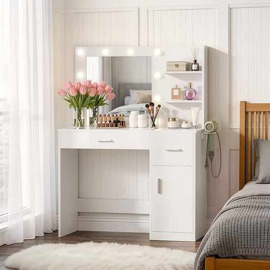 YESHOMY Vanity Desk with Mirror, 10 Lights, Power Outlet and 3 Storage Shelves, Makeup Table with 2 Drawers & 1 Cabinet, 3 Color Modes, for Bedroom, White
