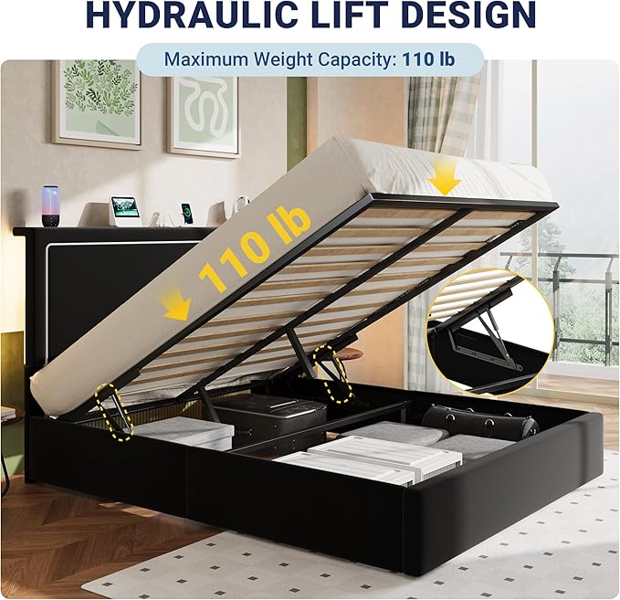 Allewie Queen Size Lift Up Storage Bed Frame with Charging Station & LED Lights, Adjustable Velvet Upholstered Storage Headboard, Type-C & USB Ports, Hydraulic Support, No Box Spring Needed, Black